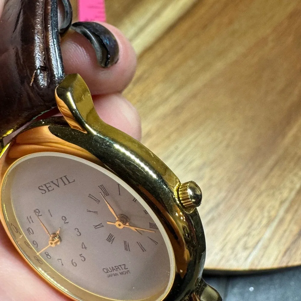 Sevil Dual Time Zone Watch Gold Tone Brown Leather Strap Japan Quartz Movt